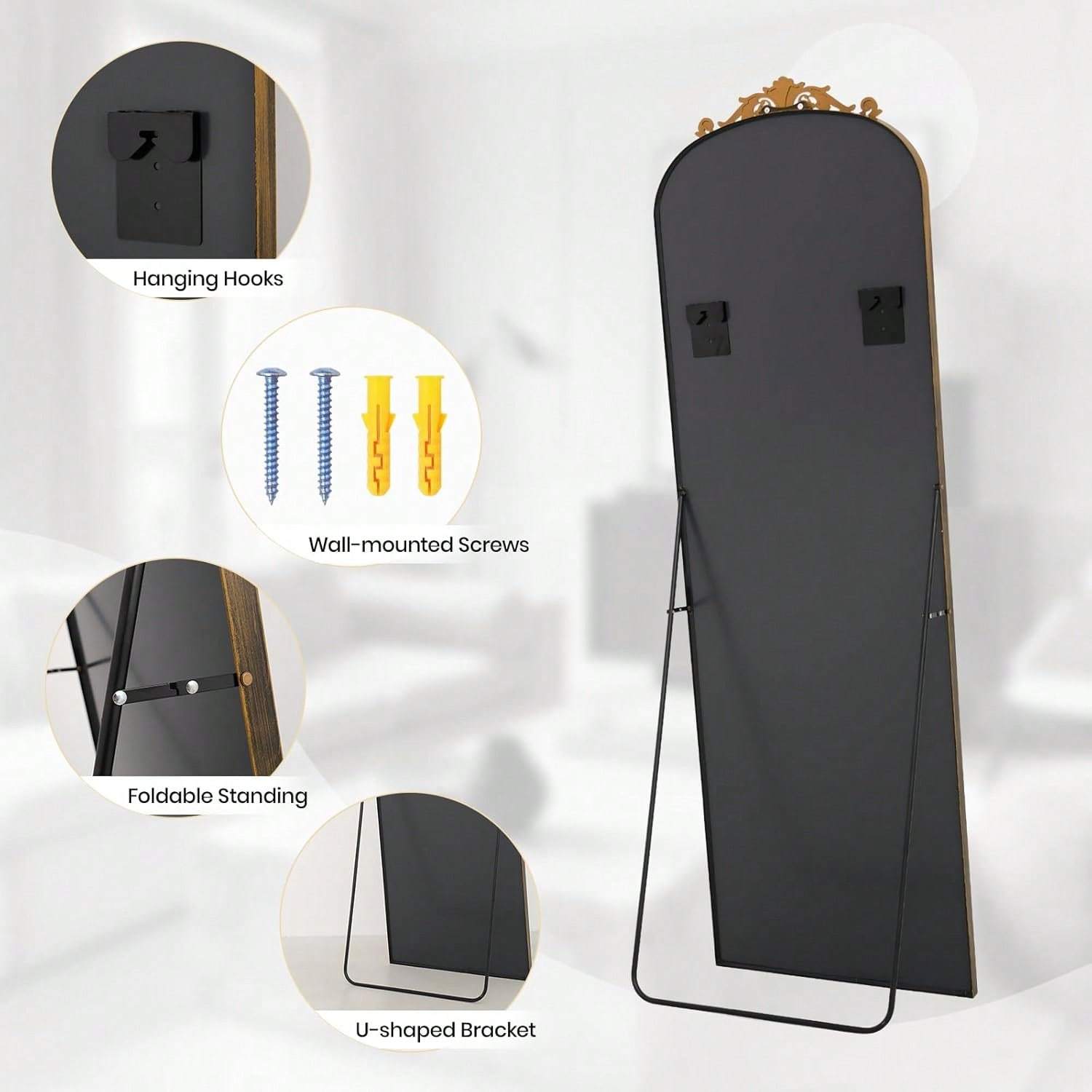 Vintage Arched Filigree Floor Mirror, Full Body Mirror with Ornate Carved Appliquem, Bathroom Mirror Wall Mountable for Bathroom, Living Room, Entrance Dressing Room, Bedroom, Hallway