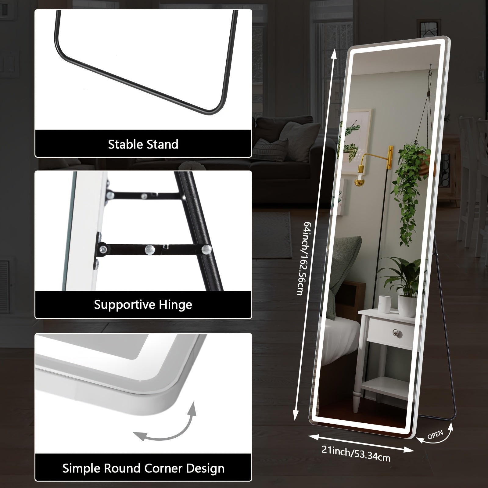 Smart LED Touch Sensor Full-Length Mirror - Adjustable Brightness, Wall-Mount & Freestanding Design with Slim Modern Frame - Ideal for Vanity, Bedroom, Or Dressing Room Lighting