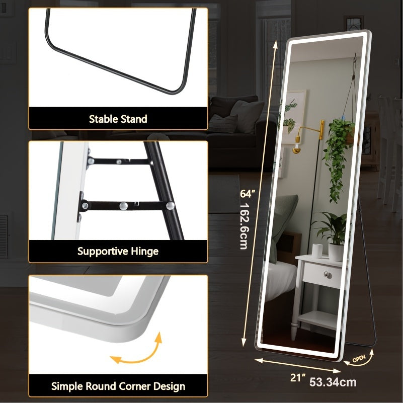 Smart LED Touch Sensor Full-Length Mirror - Adjustable Brightness, Wall-Mount & Freestanding Design with Slim Modern Frame - Ideal for Vanity, Bedroom, Or Dressing Room Lighting