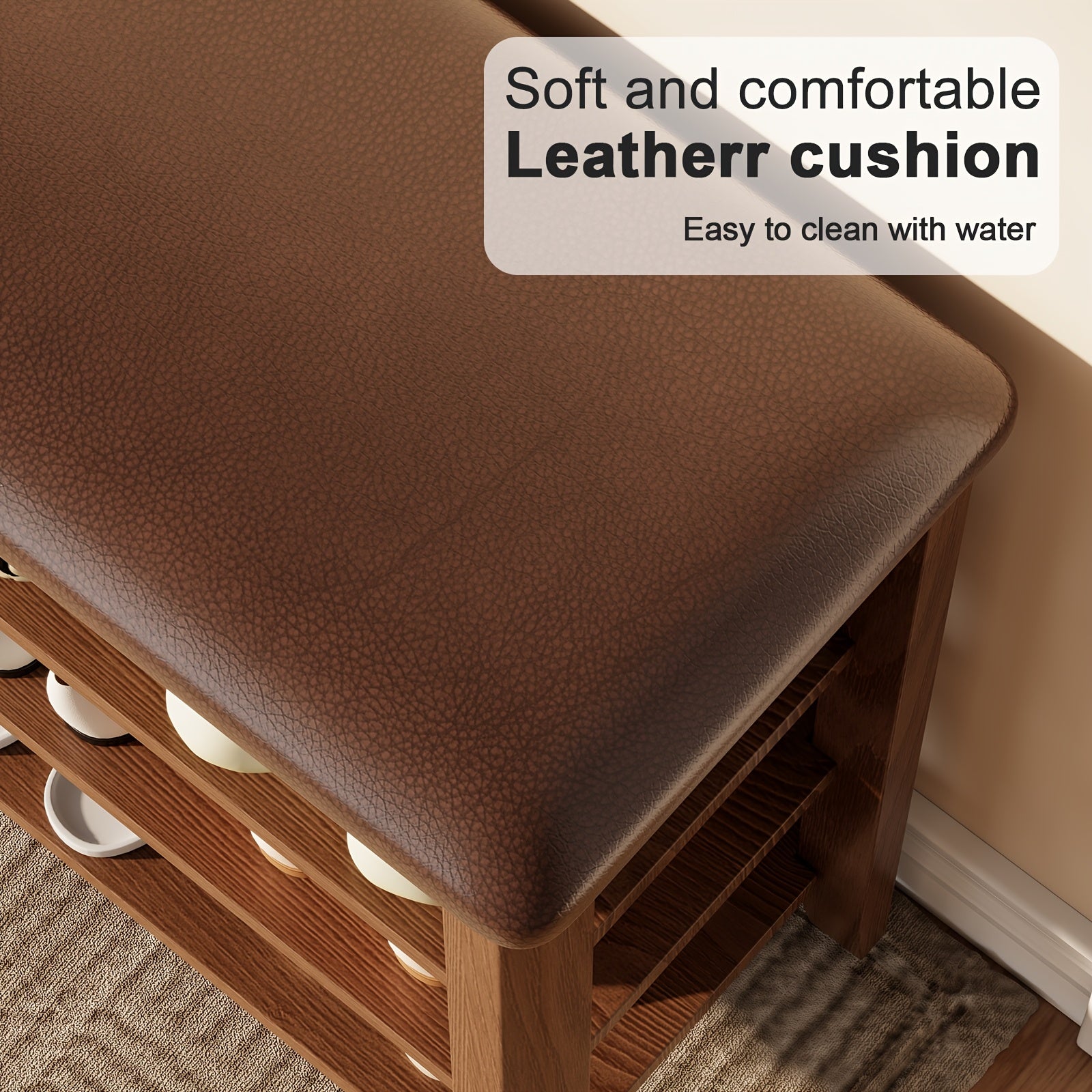 Shoe Bench with Leather Cushion, 3 Tiers Shoe Storage Bench, Walnut Wood Entryway Bench