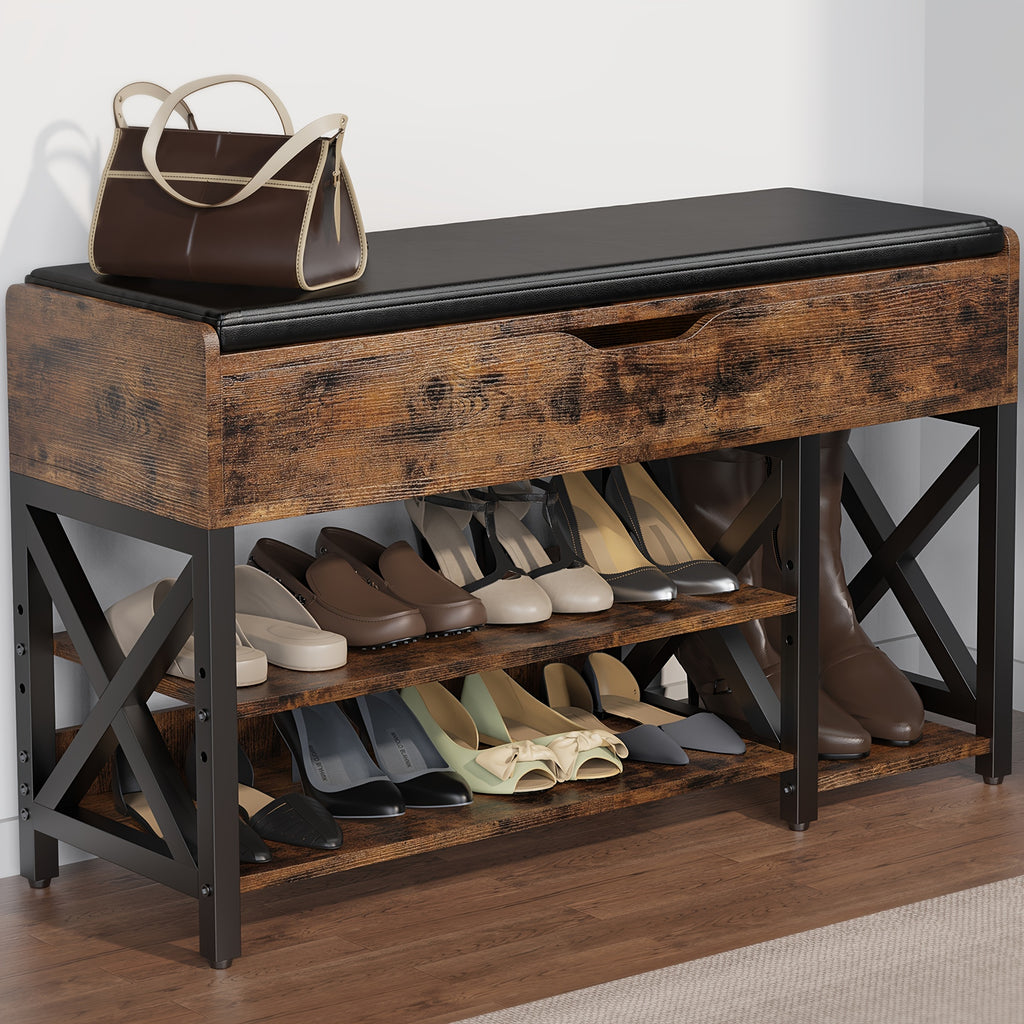 7 Pair Shoe Storage Bench With Cushion, Entryway Bench With Shoe Rack Shoe Organizer