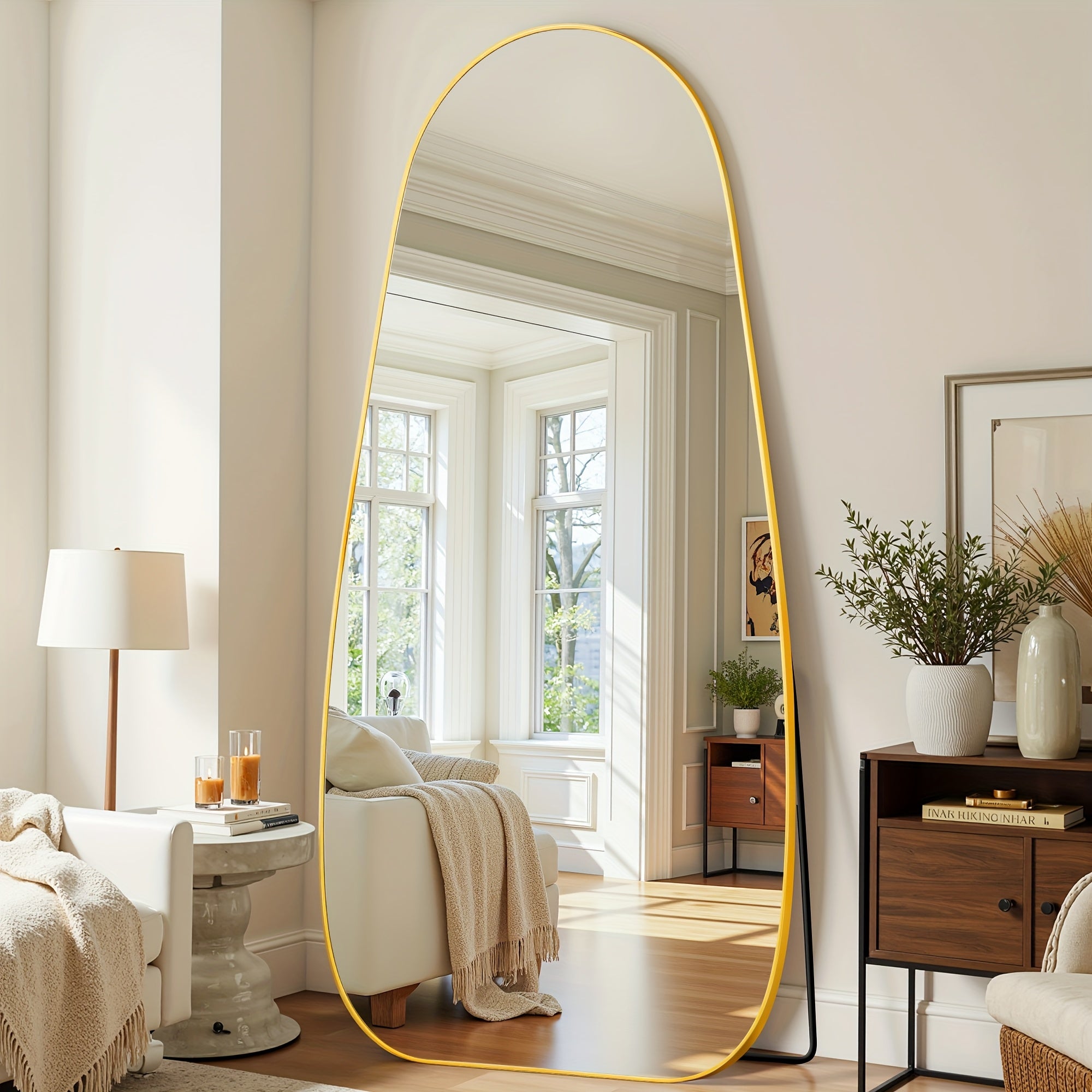A Full-Length Mirror Measuring 76 Inches by 36 Inches, Designed for Floor Use with a Stand, Suitable for Standing, Hanging, Or Leaning. It Features an Irregular Shape, Perfect for Bedrooms, Living Rooms, Or Entryways, in a Teardrop Style